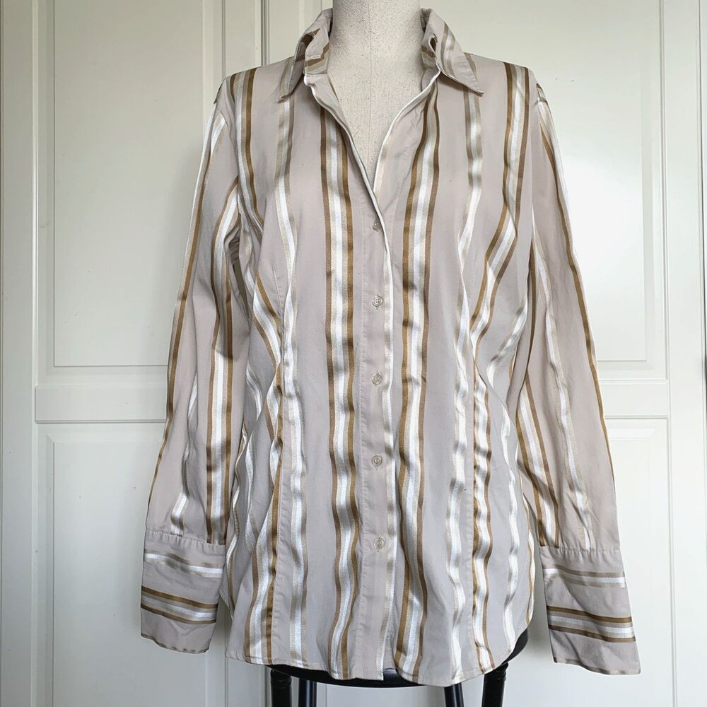 New York & Company Striped Stretch Collared Button Long Sleeve Shirt Womens L